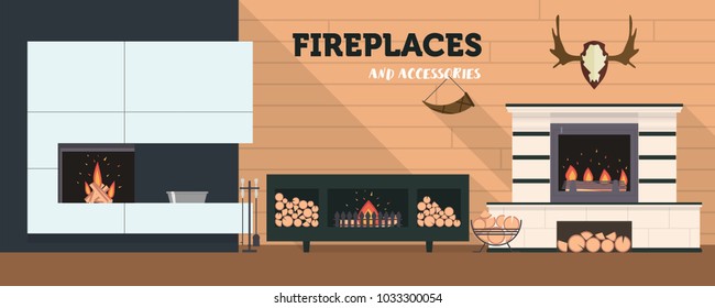 Several fireplaces and accessories to them. Stone and brick classical and modern fireplaces. Fire and firewood. Reindeer antlers on the wall.