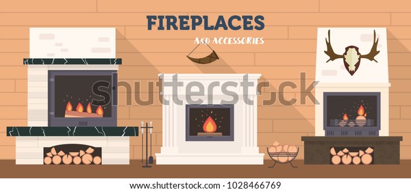 Several Fireplaces Accessories Them Stone Brick Stock Vector