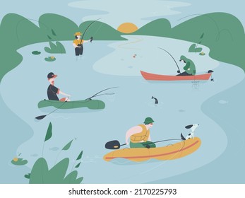 Several fishermen on boat are fishing on a lake or river. Fish catching vector illustration.