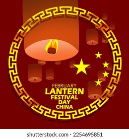 Several flying lanterns with stars representing the Chinese national flag with bold text in Chinese gold frames on dark red background to commemorate Lantern Festival on February in China