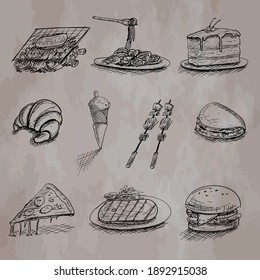 several foods hand sketch on old grunge background