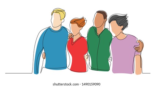 several friends standing together on wind - one line drawing