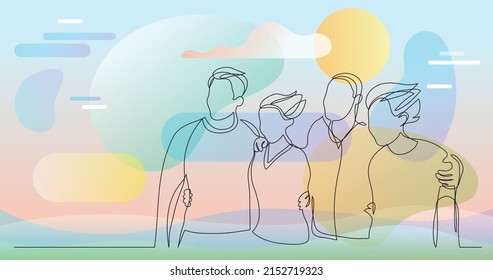 several friends standing together on wind - one line drawing