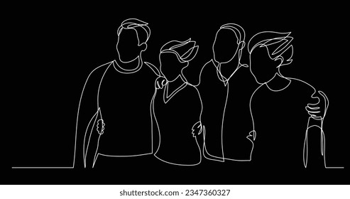 several friends standing together on wind - one line drawing