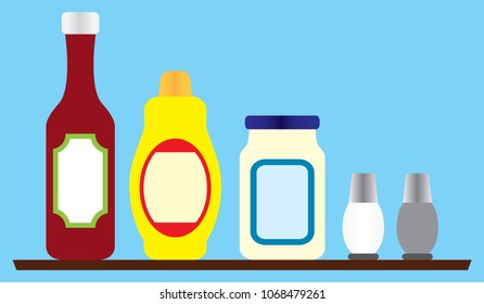 Several generic condiments on a wooden shelf