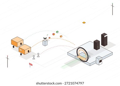 Varias Formas geométricas y cajas se representan en un entorno colorido. Se mueven hacia un punto central donde varios Elementos se conectan. La escena muestra una interacción digital.