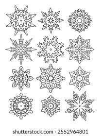 Mehrere geometrische Vektorschneeflocken, einzelne schwarze Linien auf weißem Hintergrund