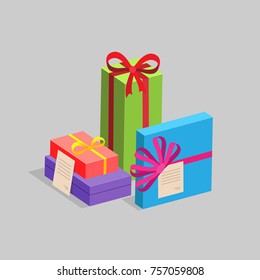 Several gift boxes of different colors and shapes. Vector illustration.
