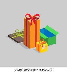 Several gift boxes of different shapes and colors . The concept of a holiday. Vector illustration.