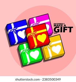 Several gift packages in different colors tied with ribbons, with bold text on pink background to celebrate Make a Gift Day on December 3
