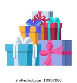 Several Gifts are Stacked one on Another. Cardboard Boxes of Different Colors Tied with Ribbons for the Holidays Christmas, New Year, Birthday, Valentines Day. Vector Illustration on white background.