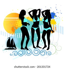 Several girls are dancing on the beach. Vector illustration