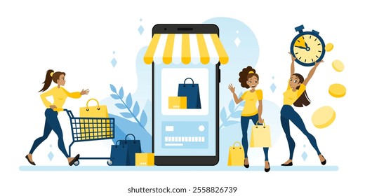 Several girls are shopping in the store using a smartphone app. Online payments and the concept of electronic purchases. Flat vector illustration