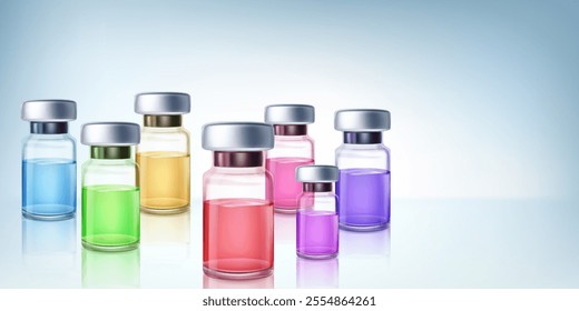 Several glass vials with metal caps, each containing different colored liquids, on a reflective surface.