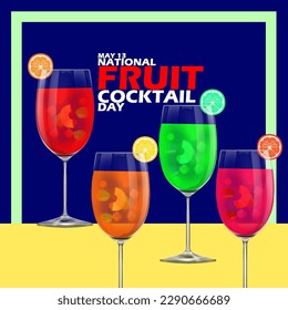 Several glasses of fruit cocktail drink on table with bold text in frame on dark blue background to celebrate National Fruit Cocktail Day On May 13