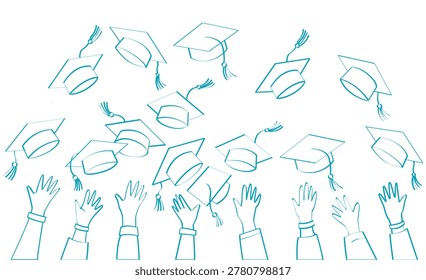 Several graduation caps thrown into the air by students celebrating the end of their studies