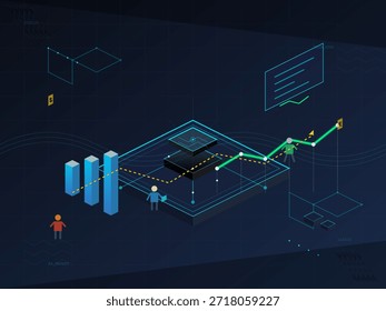 Varios gráficos aparecen sobre un fondo oscuro, mostrando tendencias de datos y cambios. Los iconos de las personas se colocan cerca de los gráficos, lo que indica la actividad relacionada con las finanzas o las estadísticas.