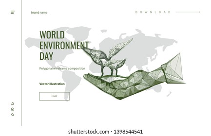 Several grass shoots in hand. Polygonal wireframe composition.  
World environment day concept. Abstract illustration isolated on white background. Particles are connected in a geometric silhouette. 