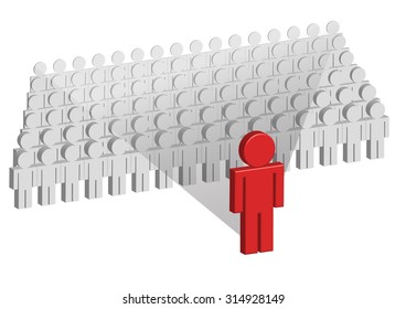 Several gray 3d characters standing in a row are overshadowed by a larger red figure standing in front of them.