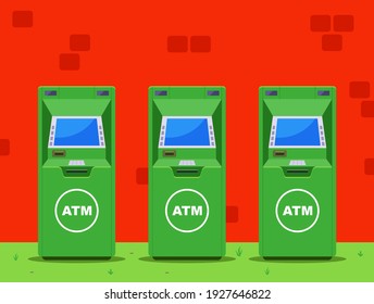 several green ATMs on the street. flat vector illustration.