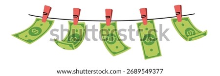 Several green banknotes, dollars hanging on a clothesline with clothespins. This is a visual representation of the concept of 