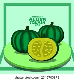 Mehrere grüne Wassergürter mit dem Namen Acorn Gourd oder Pepper Gourd oder Des Moines Gourd auf Holzteller mit feinem Text auf hellgrünem Hintergrund, um am 7. September den National Acorn Squash Day zu feiern