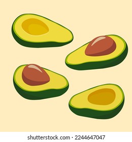 several halves of an avocado with and without pits