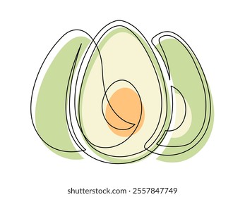 Several halves green avocado line isolated on white background. Simple silhouette of fruit. Hand drawn outline of avocado. Vector illustration