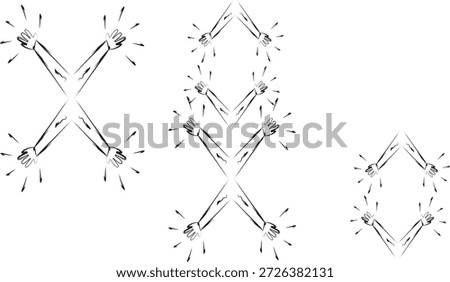 Several hand with black outline connected each-other on white background