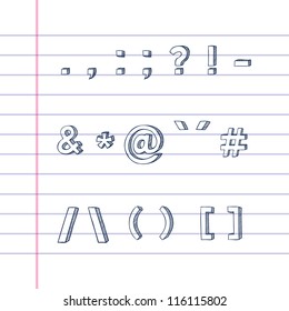 Several hand drawn text symbols on lined paper