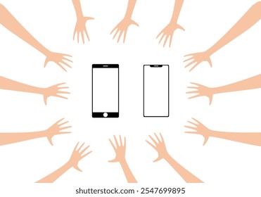 Várias Mãos E 2 Smartphones. Várias Mãos Tentando Pegar 2 Smartphones Que Estão No Meio Com Fundo Branco.