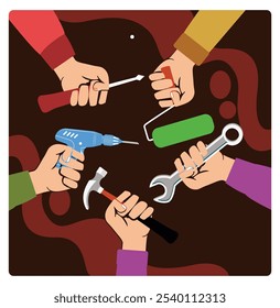 Several hands holding different work tools. International workers day, May 1. Labor Day concept. Flat vector illustration.
