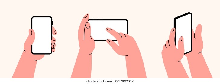 Several hands are holding smartphones. A set of blank templates with white screens. Gadgets and fingers. Dependence