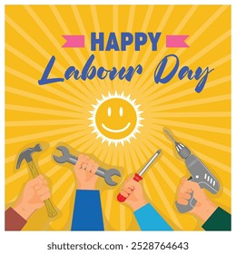 Several hands holding work tools. Celebration of International Labor Day. Labor Day concept. Flat vector illustration.