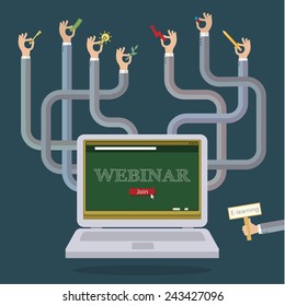 Several hands from the laptop. Concept of webinar