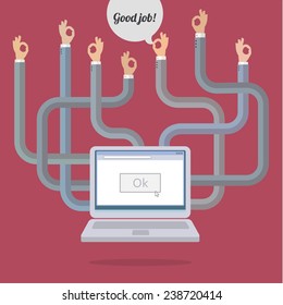 Several hands from the laptop show Ok. Concept of good job teamwork in network