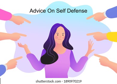 Several hands pointed at a woman's face. censure of a woman, insult, guilt, public pressure. Vector flat cartoon illustration.