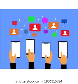 several hands and a smartphone and the icon of the person in the bubble box is various colors on it