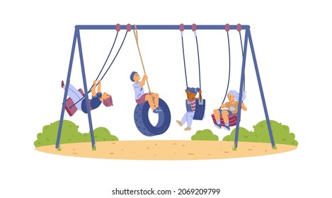 Several happy kids swinging on swing, bungee in park at playground in flat vector illustration isolated on white. Boys, girls, cartoon characters smile, enjoy childhood, have fun together on holidays