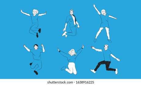 several happy people jumping simple hand drawn design style minimal vector illustration