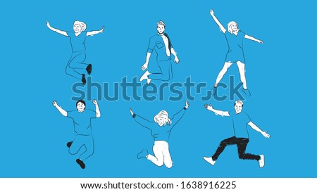several happy people jumping simple hand drawn design style minimal vector illustration