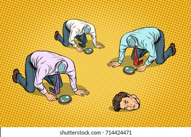 Several headless men looking for head. pop art retro vector illustration