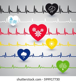 Several heartbeat lines with different heart condition. Vector illustration.