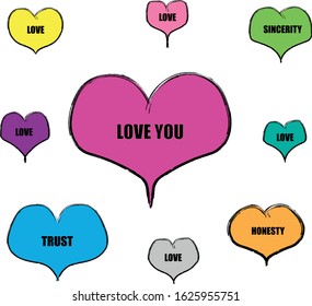The several hearts with various inscriptions.