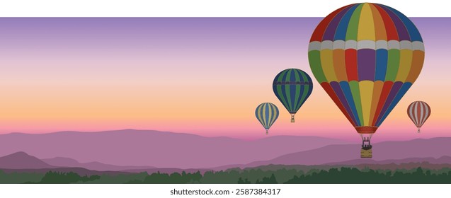 several hot air balloons floating above scenic landscape with a sunset sky in the evening, suitable for web banner or header