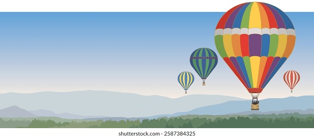 several hot air balloons floating above scenic landscape with a clear blue sky at dawn, suitable for web banner or header