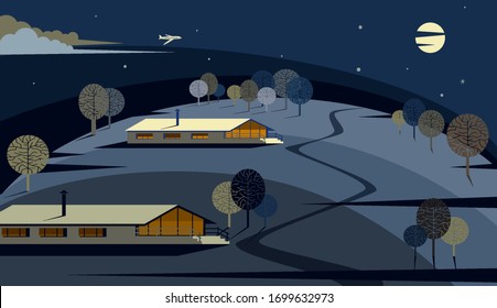 Several houses on a round hill on a moonlit night. Blue and yellow gamma. Vector illustration in flat style for banner, advertisement, post. Horizontal format.