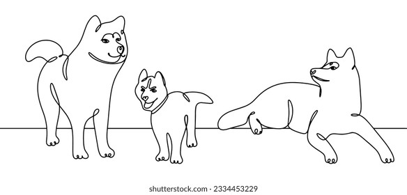 Several husky dogs. Adults and puppies. International Dog Day. One line drawing for different uses. Vector illustration.