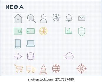 Se muestran varios iconos en un fondo de cuadrícula. Estos incluyen una casa, una lupa, personas, una campana, un sobre de mensaje y otros símbolos para App y servicios.