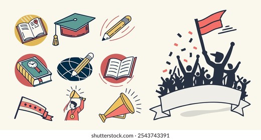 Several icons on the topic of education - book, pencil, flag, cup, medal, graduation celebration